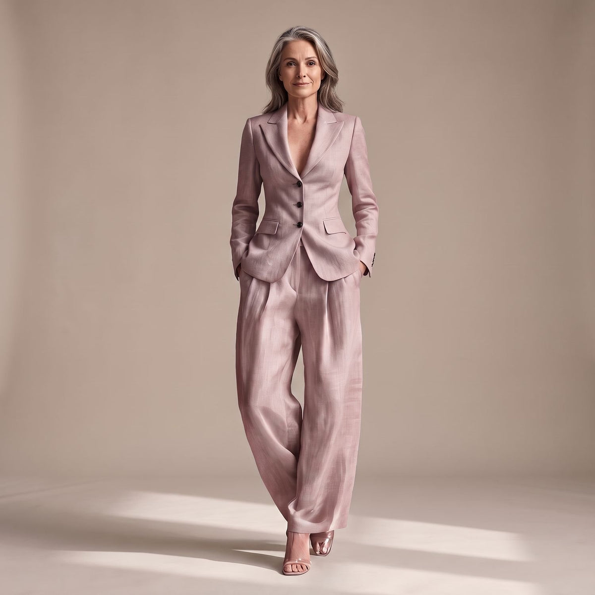 Women's Two Piece Set Notch Lapel Blazer Wide Leg Pants Suit - Pink
