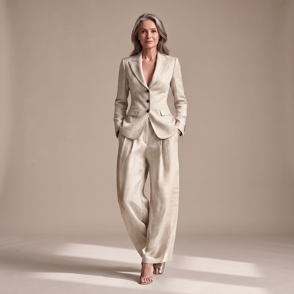 Women's Two Piece Set Notch Lapel Blazer Wide Leg Pants Suit - White