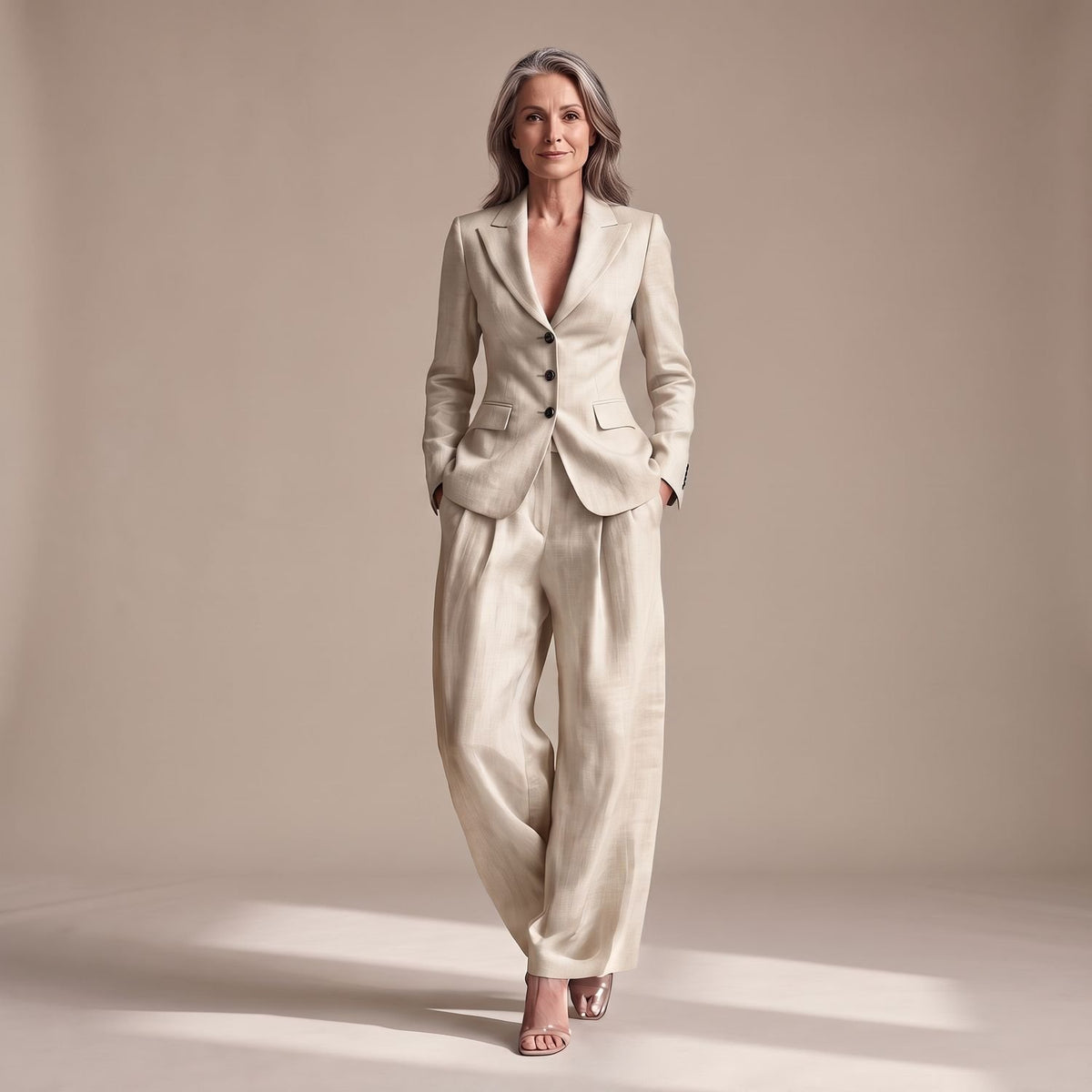 Women's Two Piece Set Notch Lapel Blazer Wide Leg Pants Suit - White