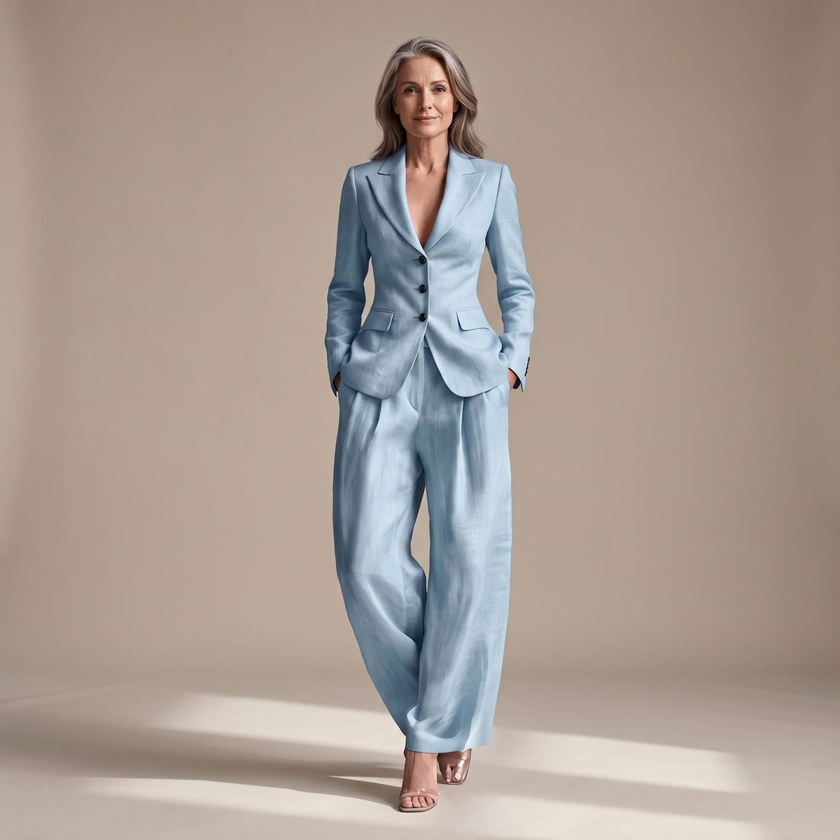 Women's Two Piece Set Notch Lapel Blazer Wide Leg Pants Suit - Light Blue