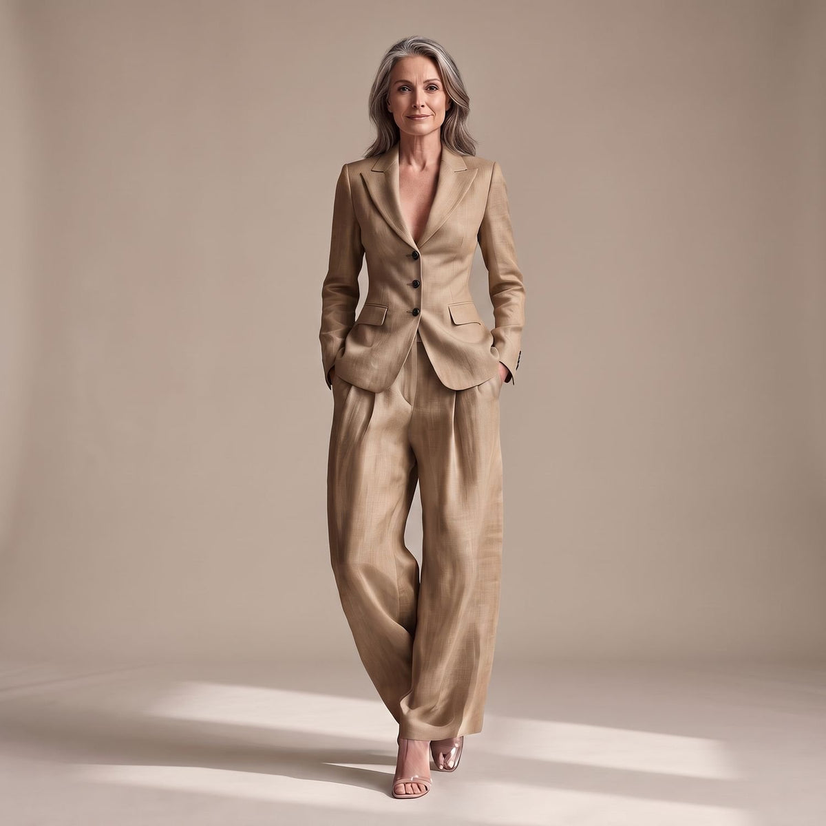 Women's Two Piece Set Notch Lapel Blazer Wide Leg Pants Suit - Beige