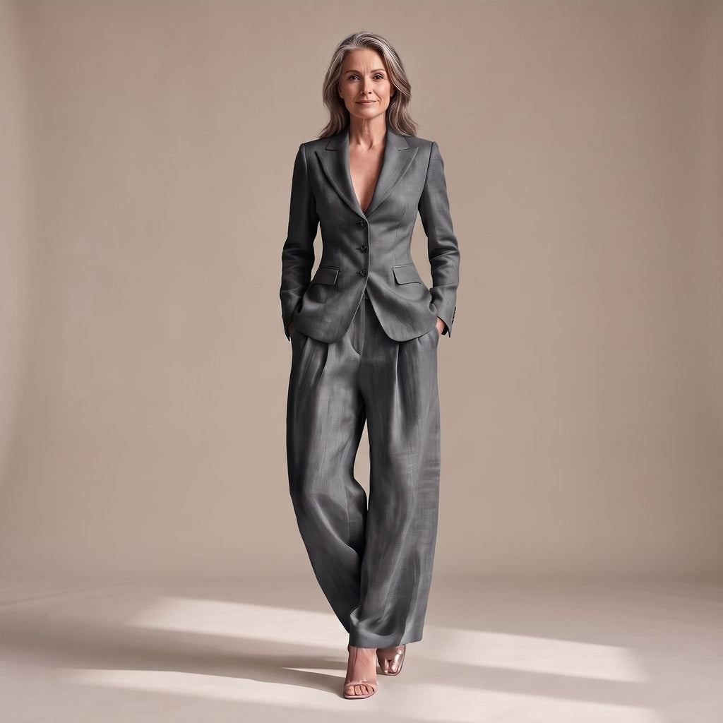 Women's Two Piece Set Notch Lapel Blazer Wide Leg Pants Suit - Dark Gray