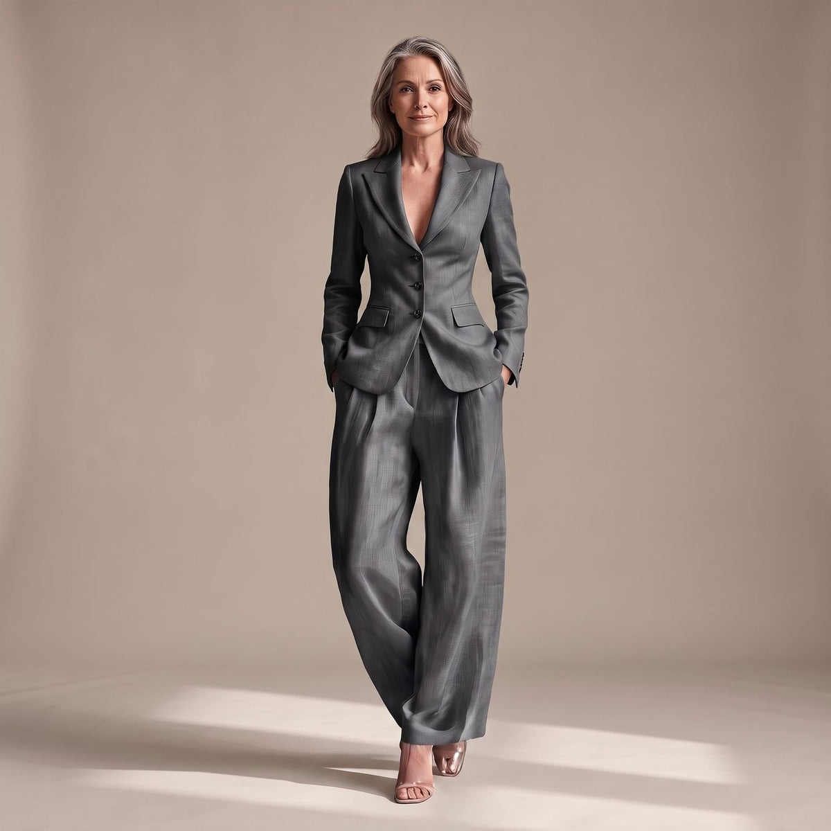 Women's Two Piece Set Notch Lapel Blazer Wide Leg Pants Suit - Dark Gray