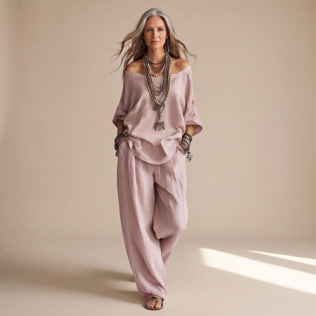 Women's Two Piece Set Off-Shoulder Oversized Top Wide-Leg Pants - Pink