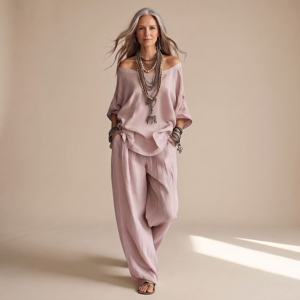 Women's Two Piece Set Off-Shoulder Oversized Top Wide-Leg Pants - Pink
