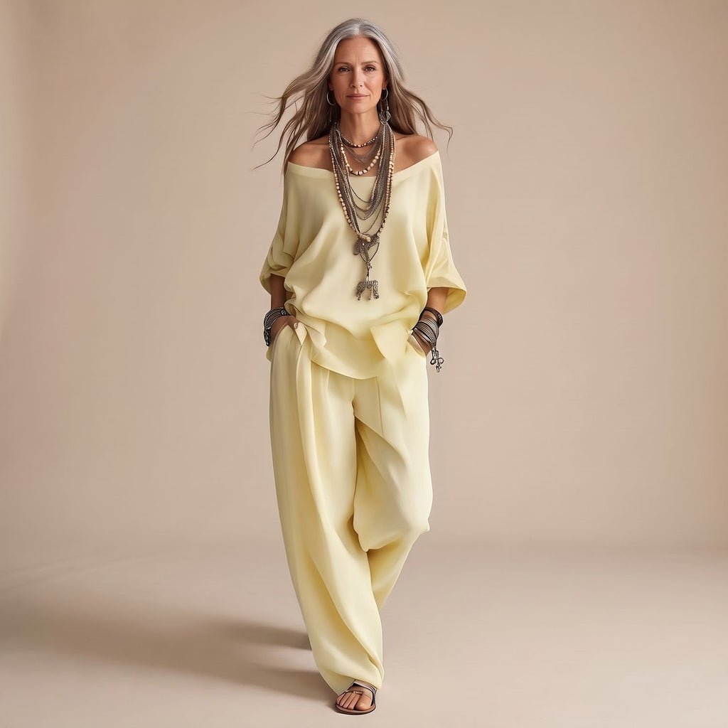 Women's Two Piece Set Off-Shoulder Oversized Top Wide-Leg Pants - Yellow
