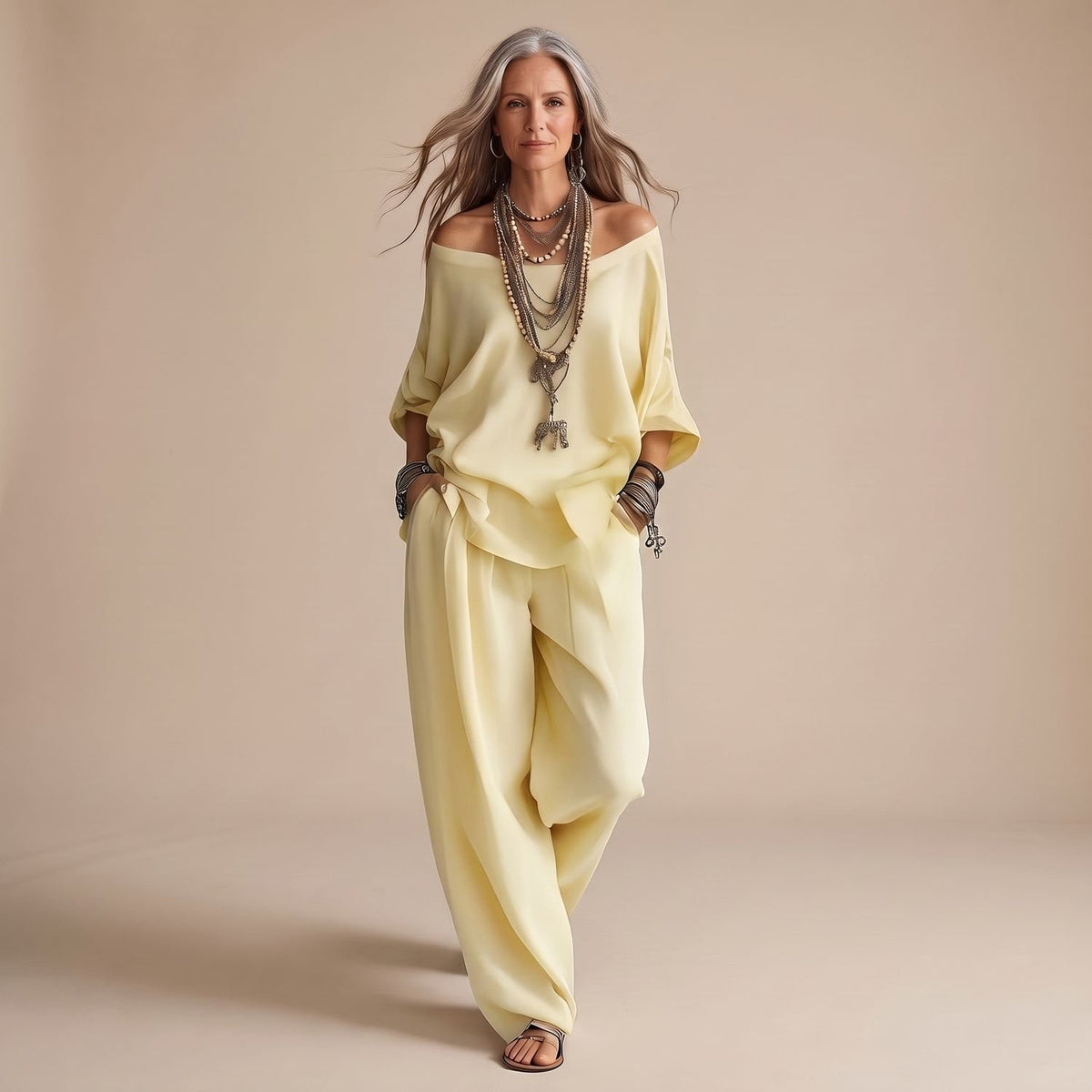 Women's Two Piece Set Off-Shoulder Oversized Top Wide-Leg Pants - Yellow