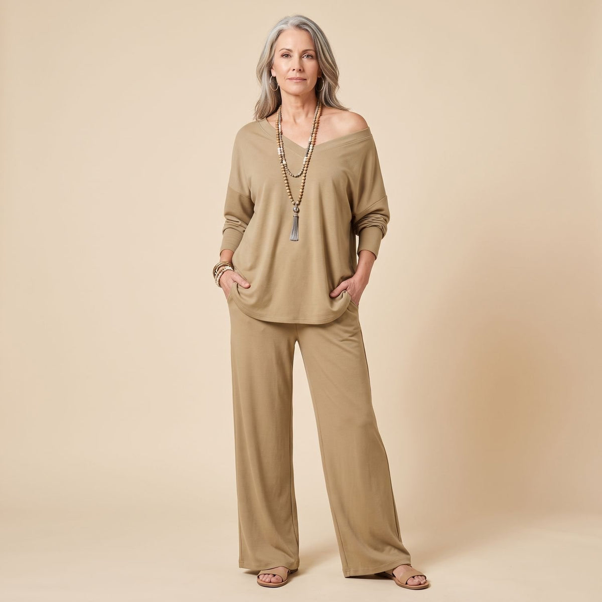 Women's Two Piece Set Off-Shoulder Oversized Top Wide-Leg Pants - Khaki