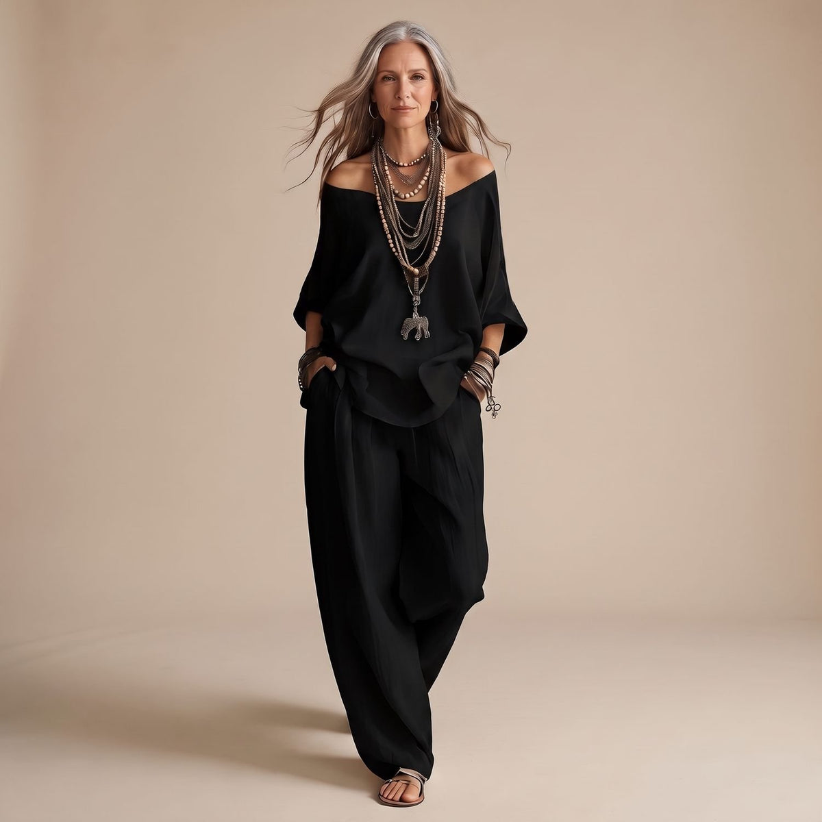 Women's Two Piece Set Off-Shoulder Oversized Top Wide-Leg Pants - Black