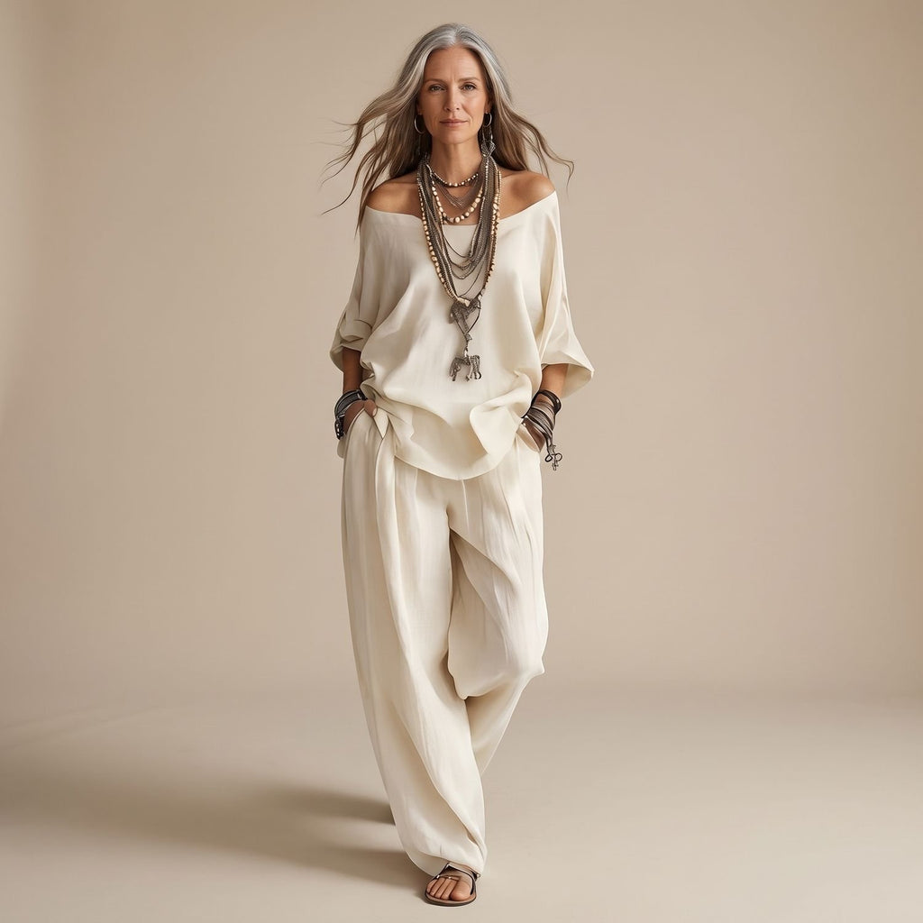 Women's Two Piece Set Off-Shoulder Oversized Top Wide-Leg Pants - White