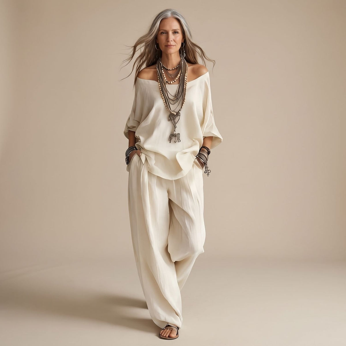 Women's Two Piece Set Off-Shoulder Oversized Top Wide-Leg Pants - White