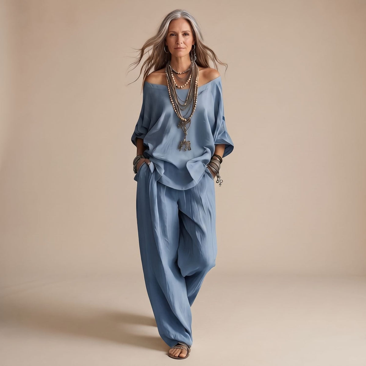 Women's Two Piece Set Off-Shoulder Oversized Top Wide-Leg Pants - Blue