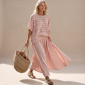 Women's Two Piece Set Relaxed Knit Top Wide Maxi Skirt - Pink