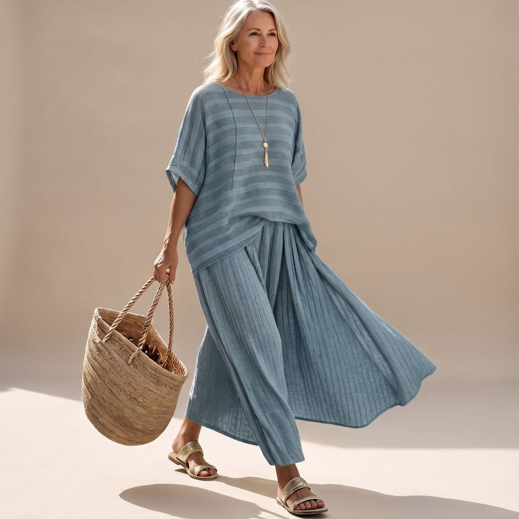 Women's Two Piece Set Relaxed Knit Top Wide Maxi Skirt - Blue