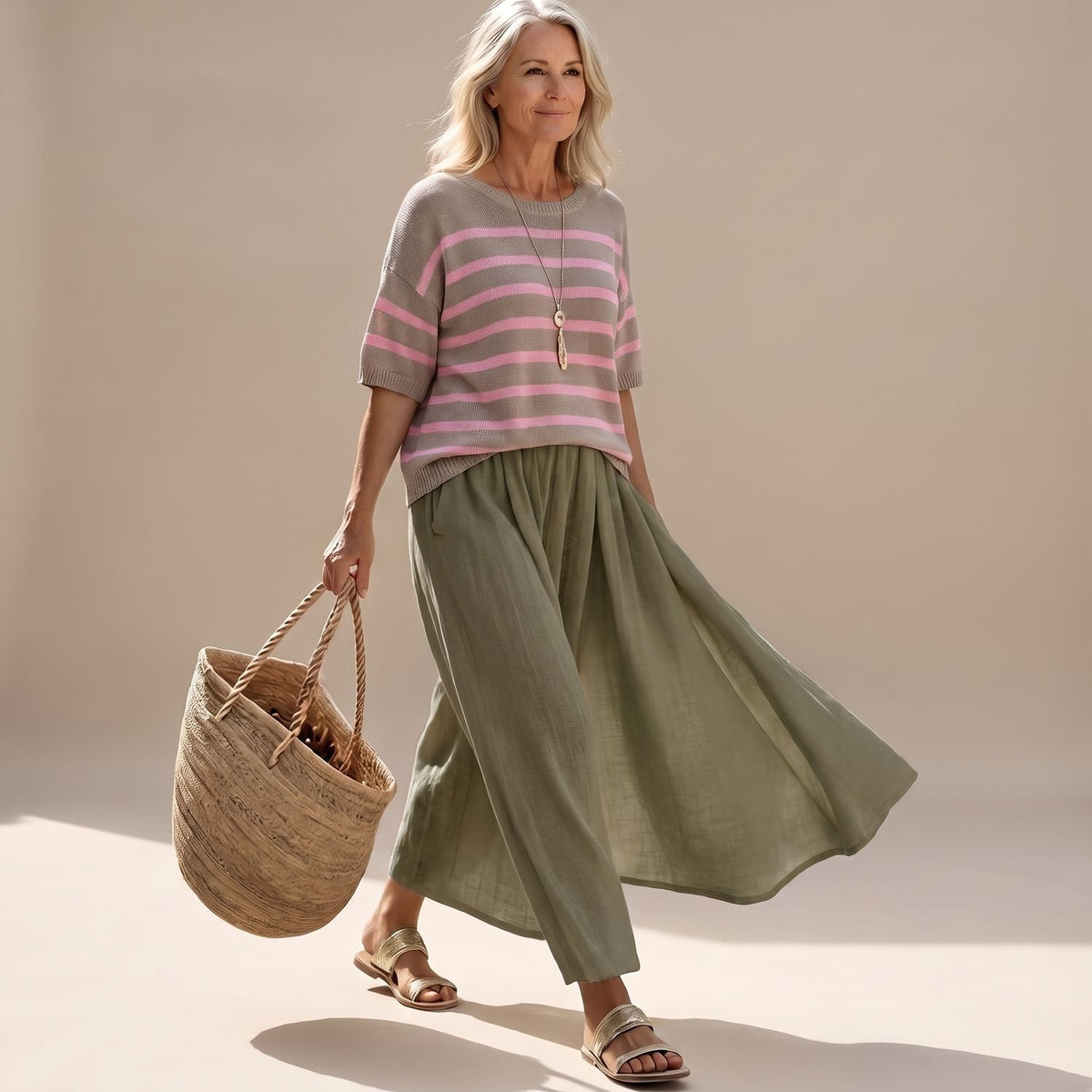 Women's Two Piece Set Relaxed Knit Top Wide Maxi Skirt - Sage