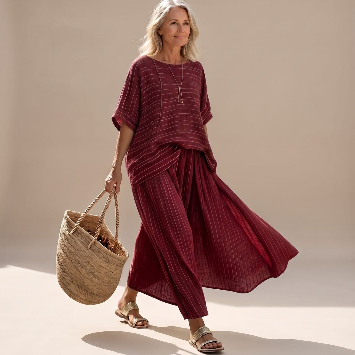 Women's Two Piece Set Relaxed Knit Top Wide Maxi Skirt - Burgundy