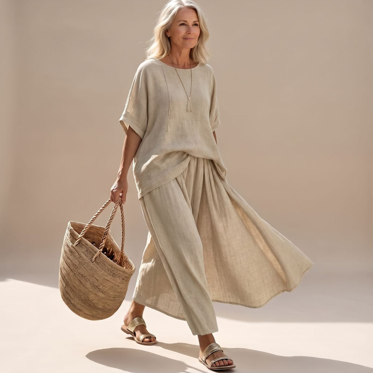 Women's Two Piece Set Relaxed Knit Top Wide Maxi Skirt - Beige