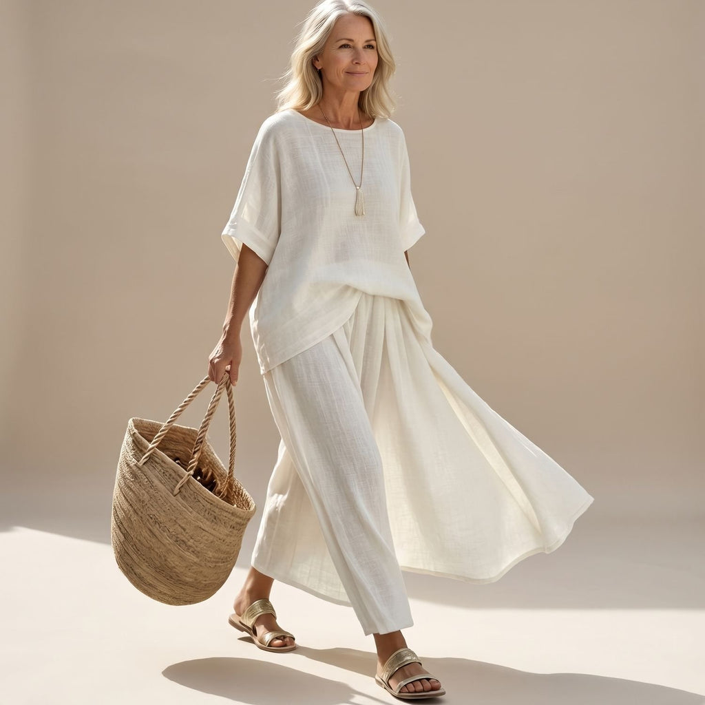Women's Two Piece Set Relaxed Knit Top Wide Maxi Skirt - White