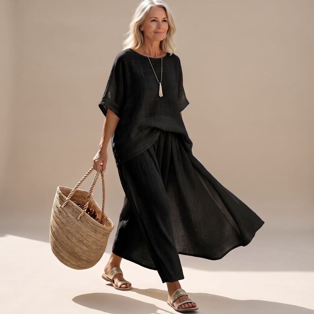Women's Two Piece Set Relaxed Knit Top Wide Maxi Skirt - Black