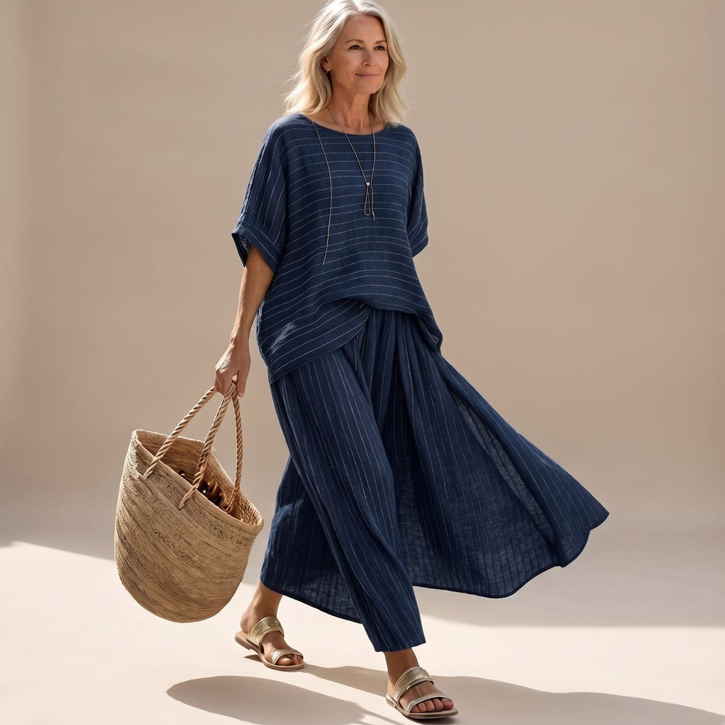 Women's Two Piece Set Relaxed Knit Top Wide Maxi Skirt - Navy