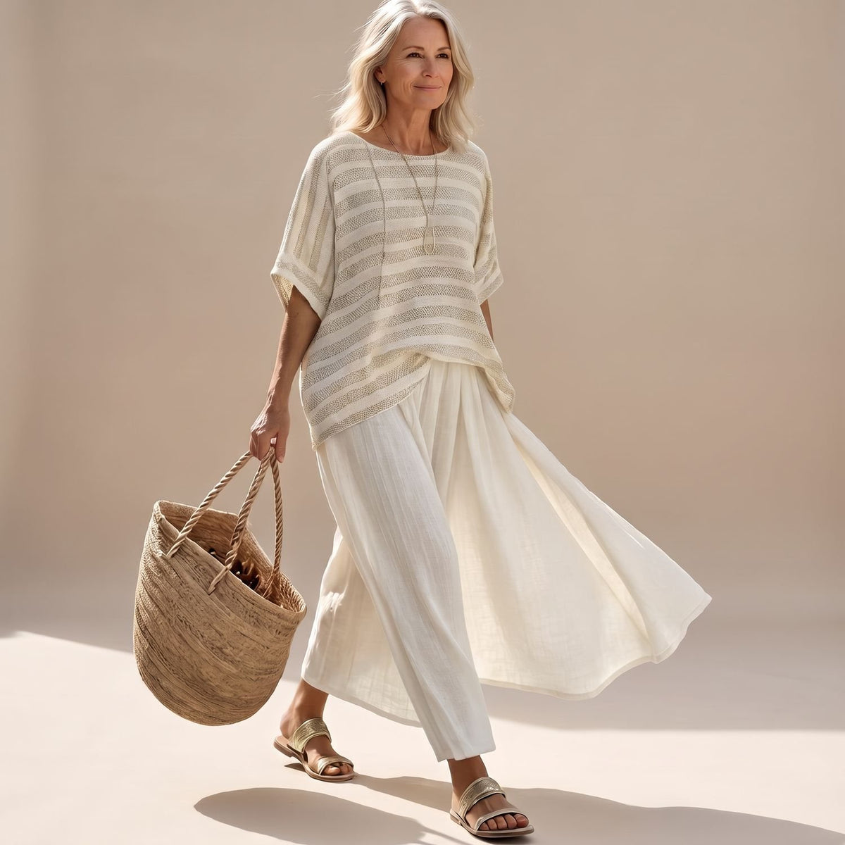 Women's Two Piece Set Relaxed Knit Top Wide Maxi Skirt - Cream