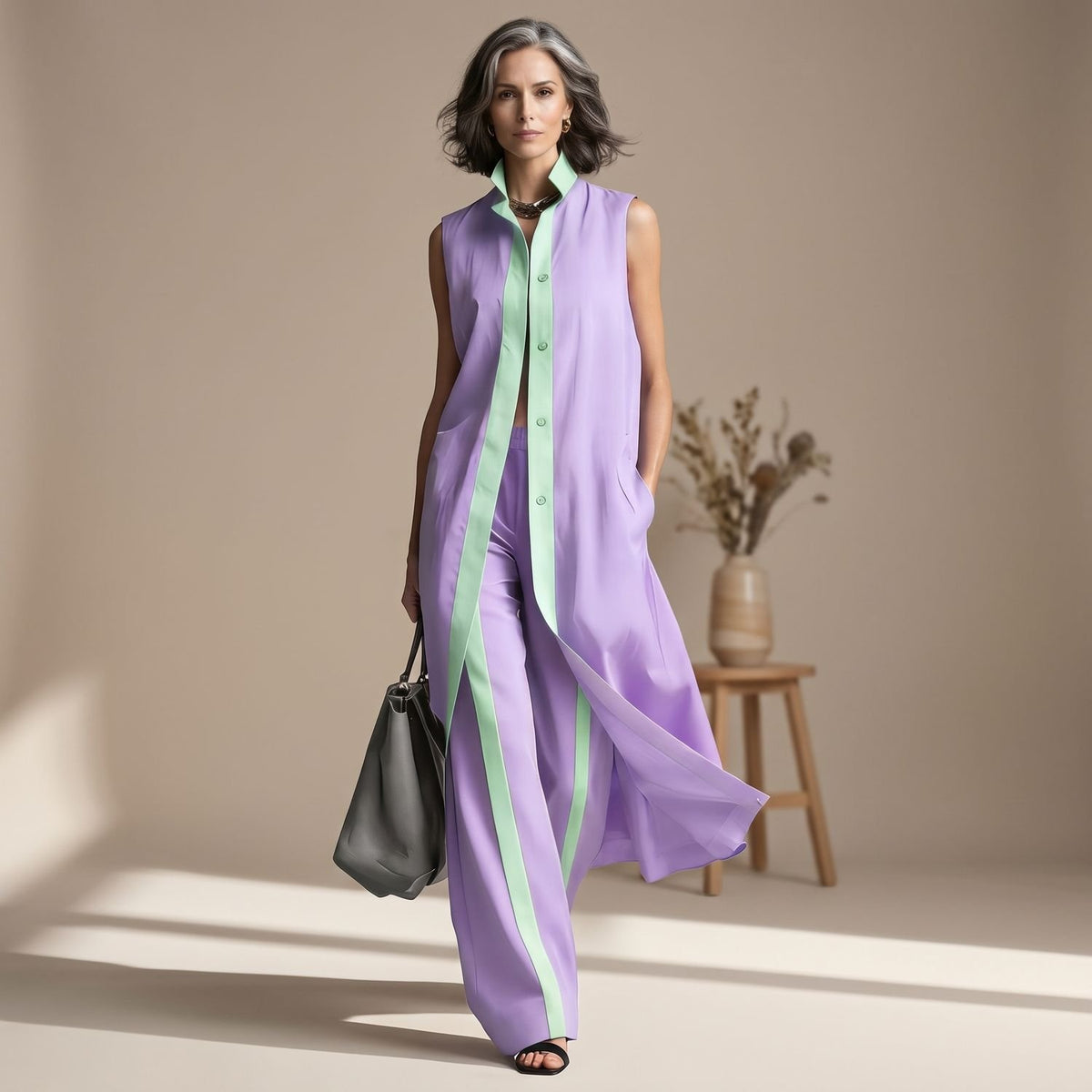 Women's Two Piece Set Sleeveless Longline Shirt Wide-Leg Pants - Purple