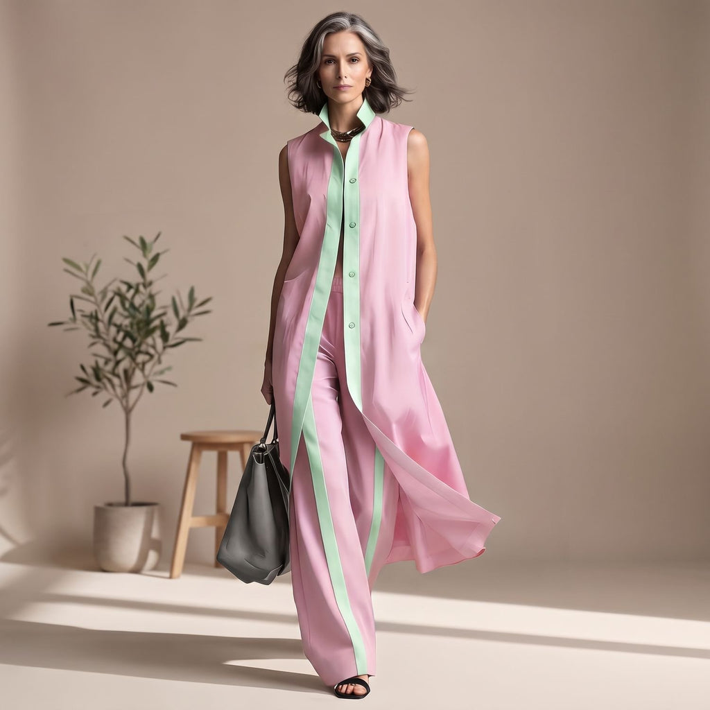 Women's Two Piece Set Sleeveless Longline Shirt Wide-Leg Pants - Pink