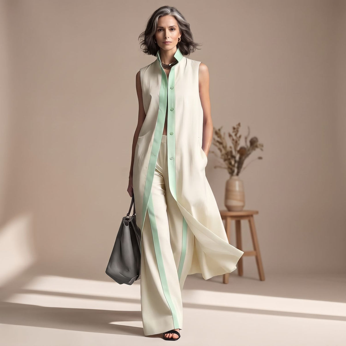 Women's Two Piece Set Sleeveless Longline Shirt Wide-Leg Pants - Yellow