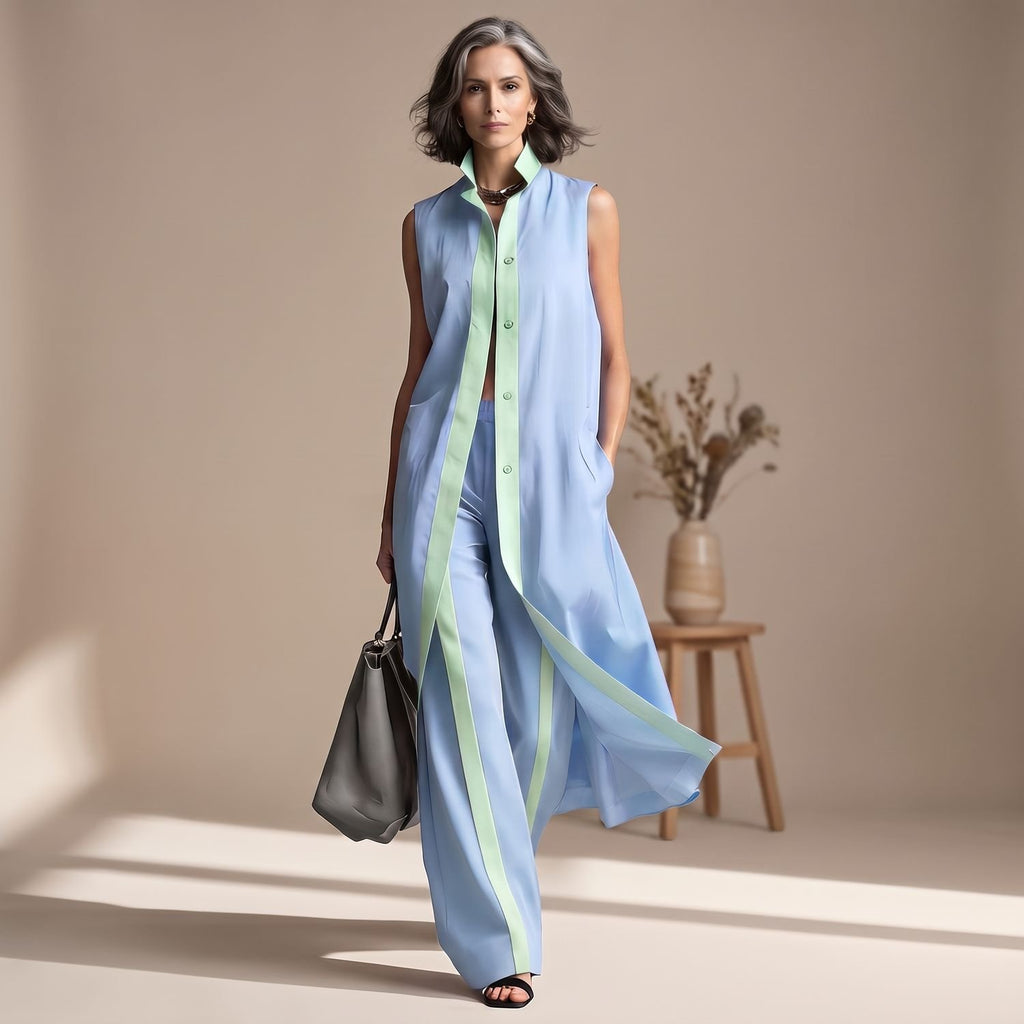 Women's Two Piece Set Sleeveless Longline Shirt Wide-Leg Pants - Blue