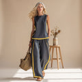 Women's Two Piece Set Sleeveless Tank Top Wide-Leg Pants Contrast Trim - Gray