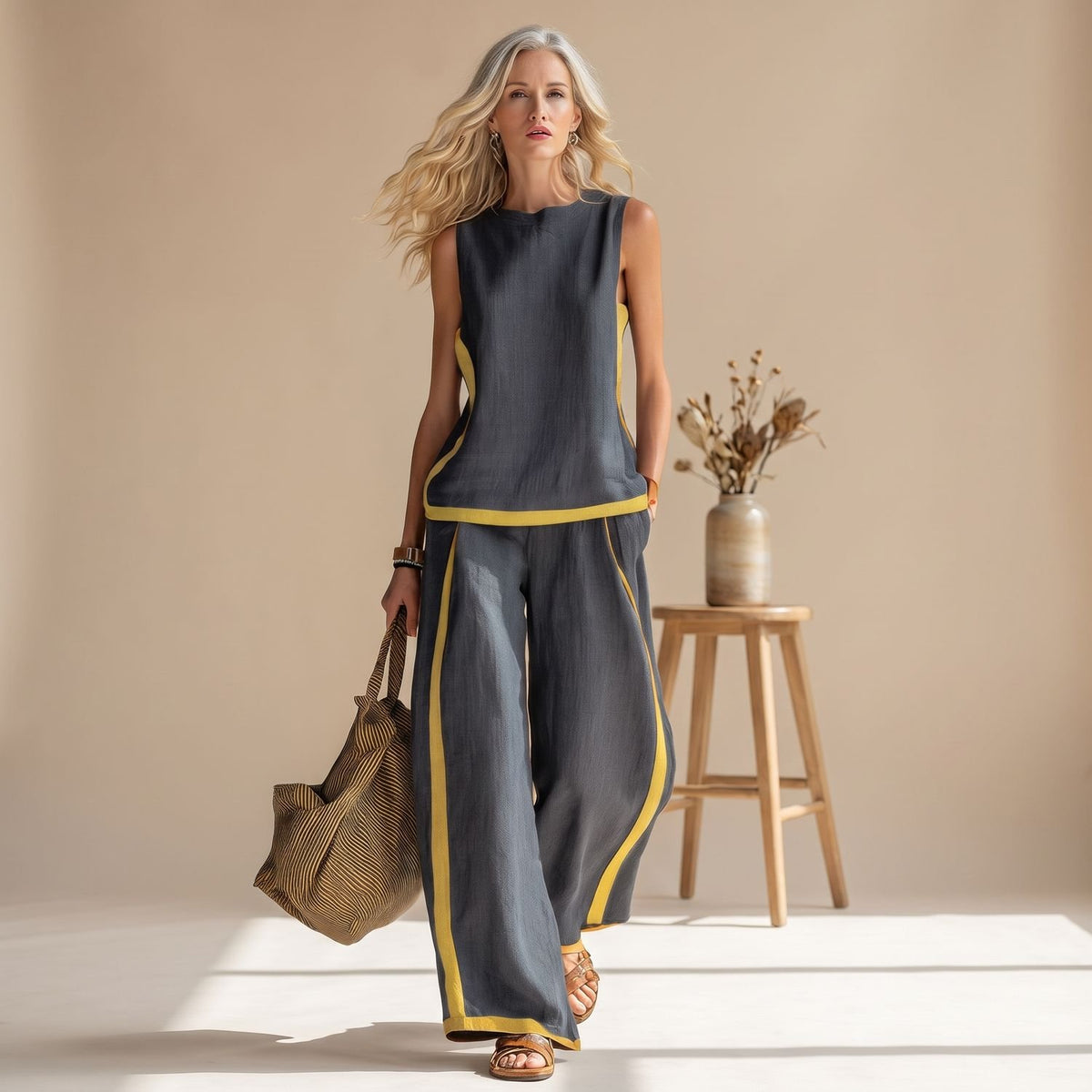 Women's Two Piece Set Sleeveless Tank Top Wide-Leg Pants Contrast Trim - Gray