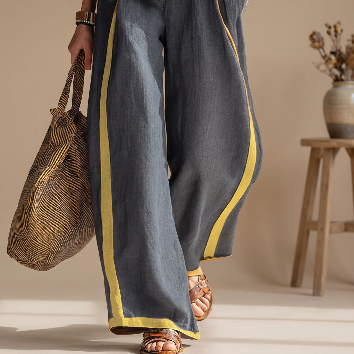 Women's Two Piece Set Sleeveless Tank Top Wide-Leg Pants Contrast Trim