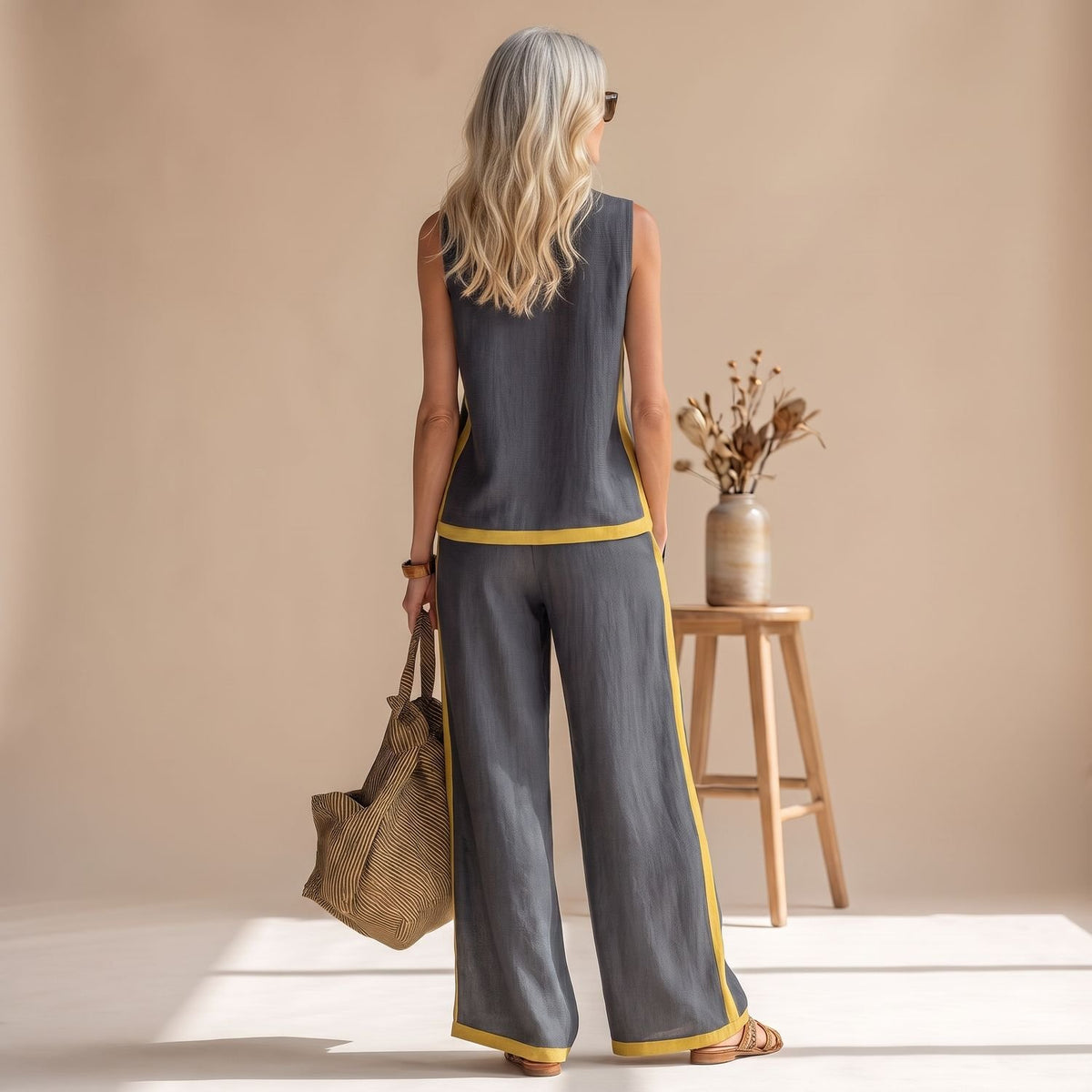 Women's Two Piece Set Sleeveless Tank Top Wide-Leg Pants Contrast Trim