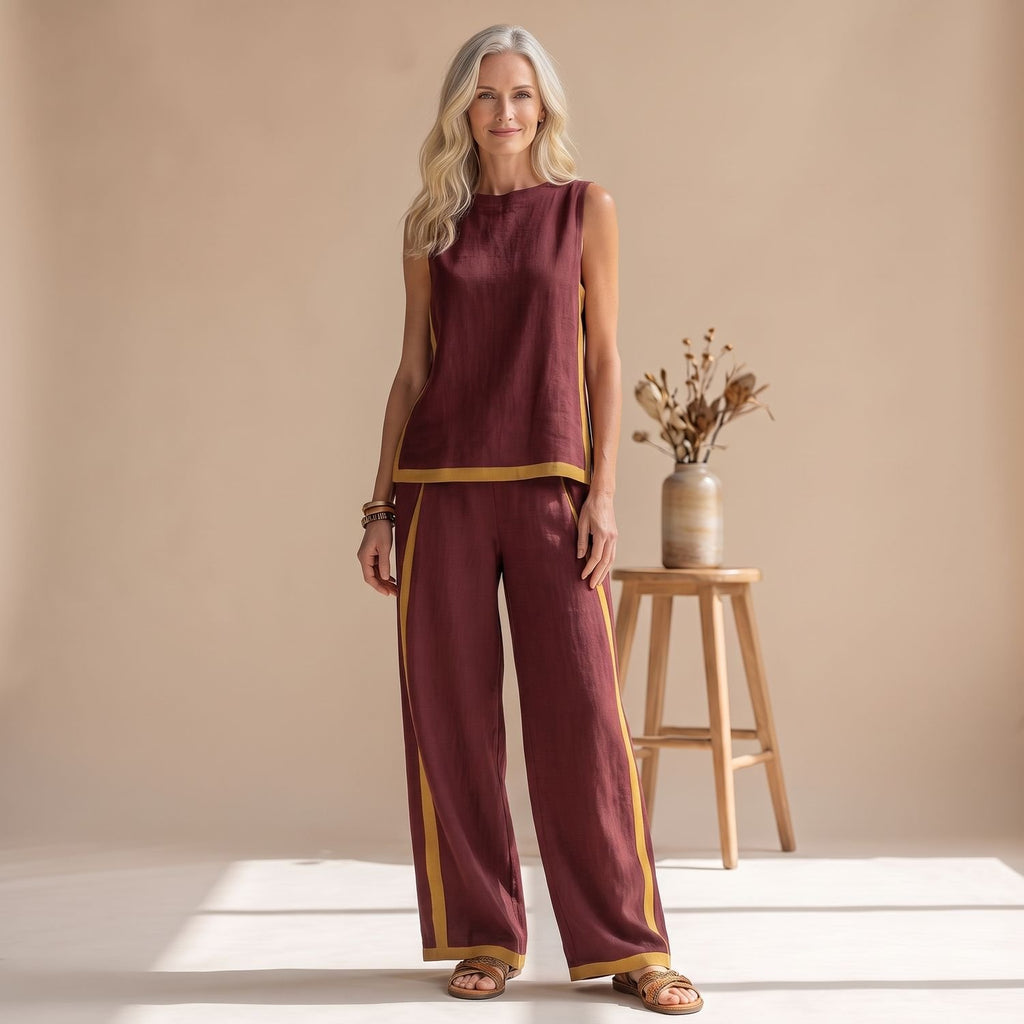 Women's Two Piece Set Sleeveless Tank Top Wide-Leg Pants Contrast Trim - Burgundy