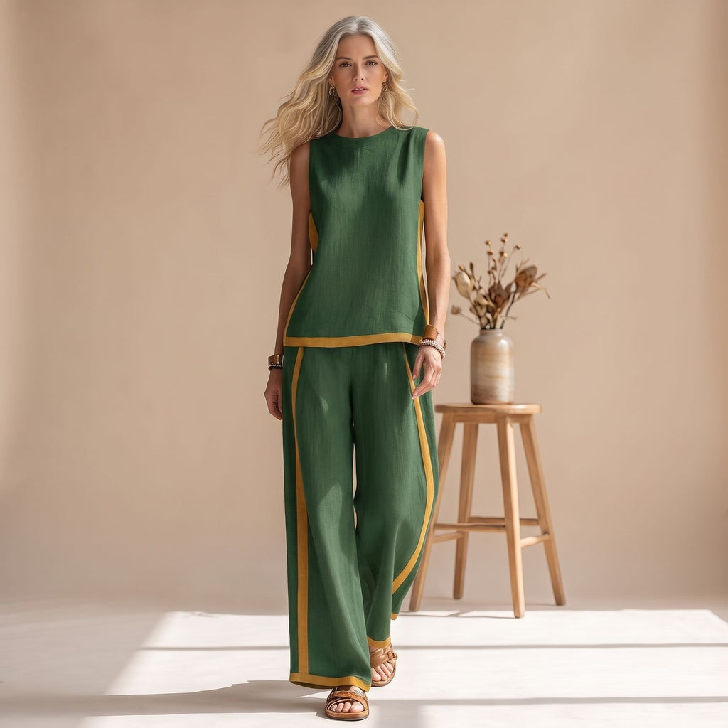 Women's Two Piece Set Sleeveless Tank Top Wide-Leg Pants Contrast Trim - Green