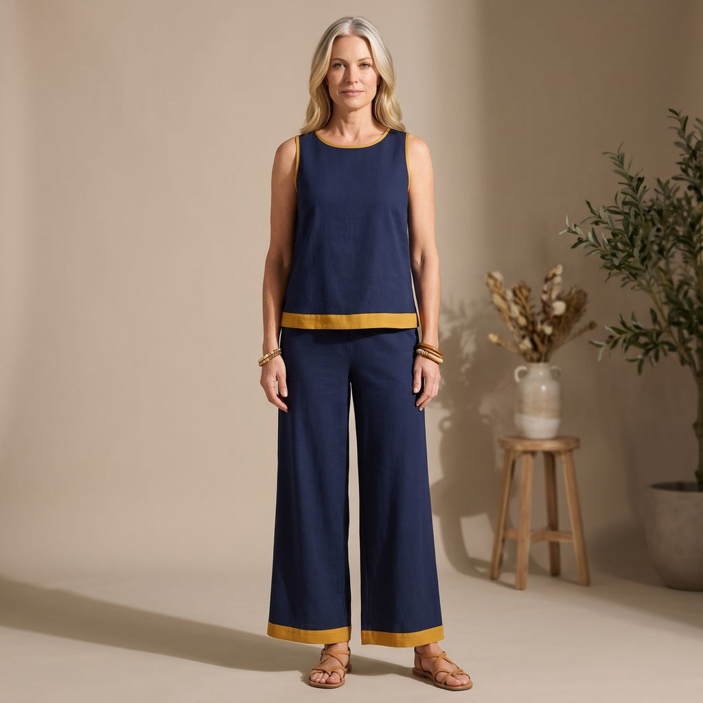 Women's Two Piece Set Sleeveless Tank Top Wide-Leg Pants Contrast Trim - Dark Blue