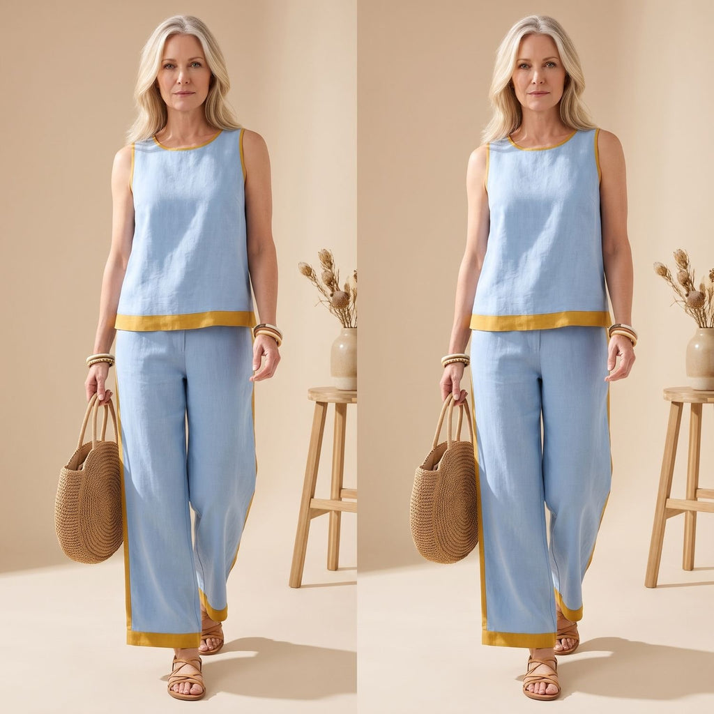 Women's Two Piece Set Sleeveless Tank Top Wide-Leg Pants Contrast Trim - Light Blue