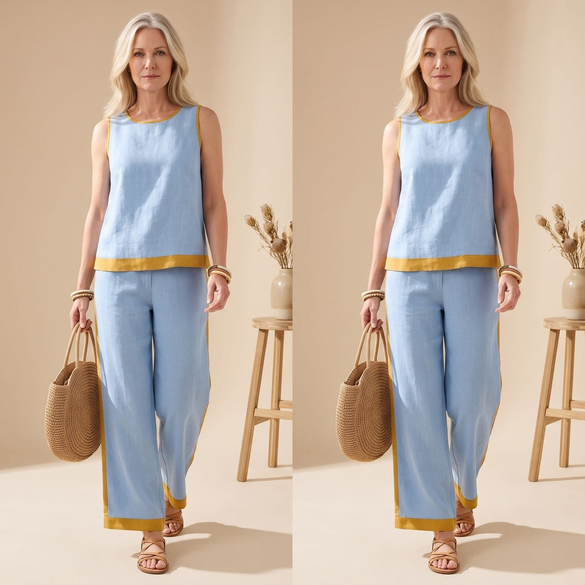 Women's Two Piece Set Sleeveless Tank Top Wide-Leg Pants Contrast Trim - Light Blue