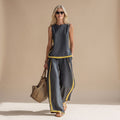 Women's Two Piece Set Sleeveless Top Wide-Leg Pants Contrast Trim - Gray