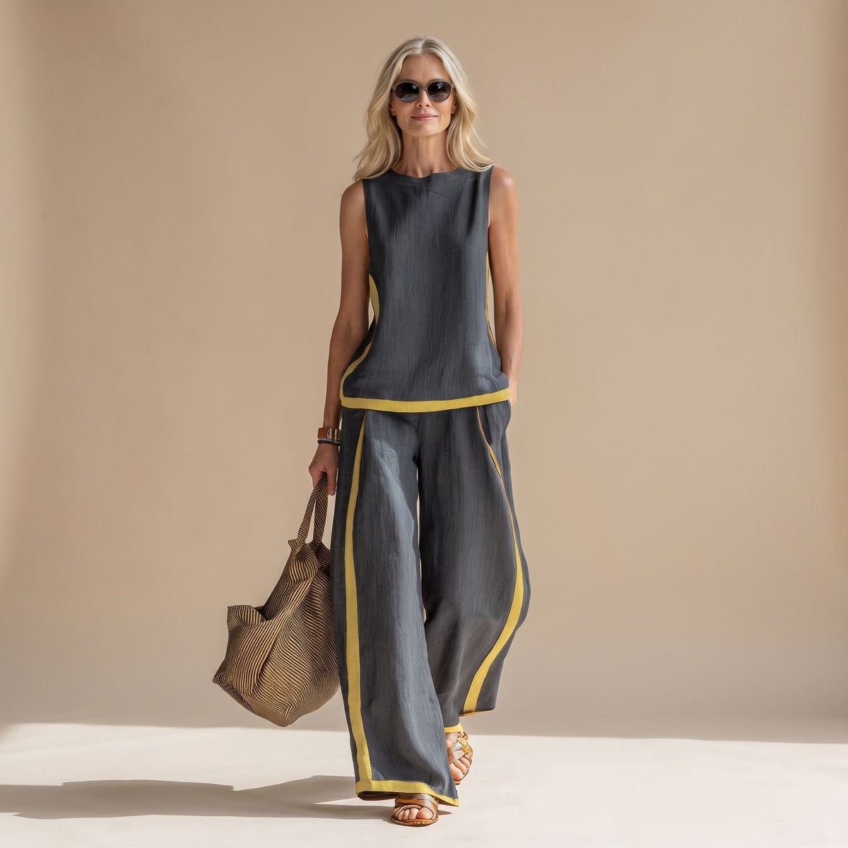 Women's Two Piece Set Sleeveless Top Wide-Leg Pants Contrast Trim - Gray