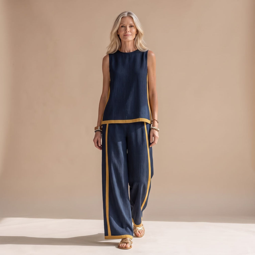 Women's Two Piece Set Sleeveless Top Wide-Leg Pants Contrast Trim - Navy Blue