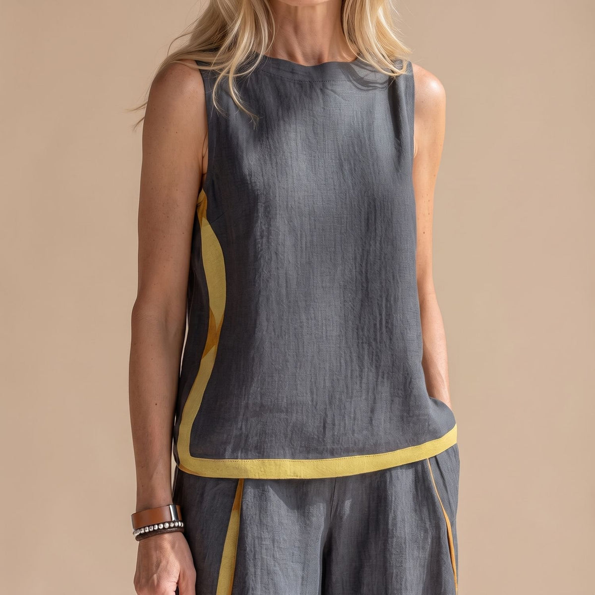 Women's Two Piece Set Sleeveless Top Wide-Leg Pants Contrast Trim