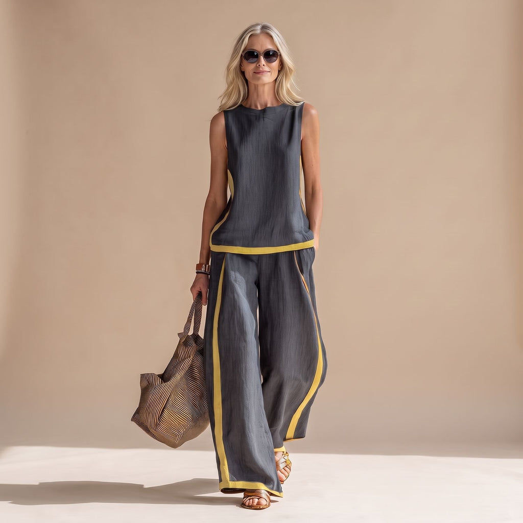 Women's Two Piece Set Sleeveless Top Wide-Leg Pants Contrast Trim