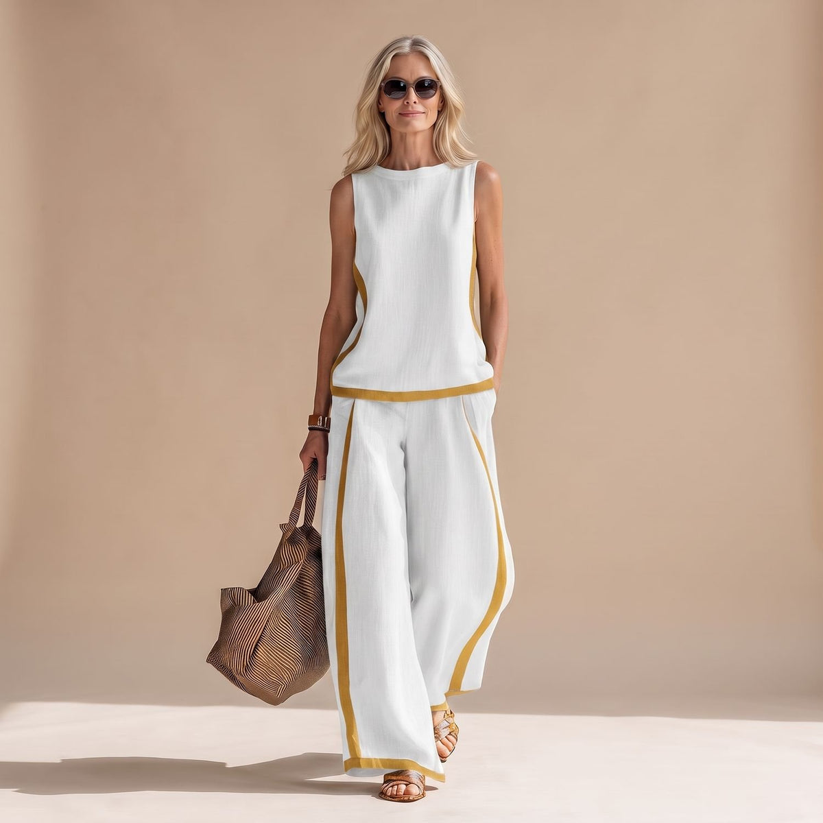 Women's Two Piece Set Sleeveless Top Wide-Leg Pants Contrast Trim - White
