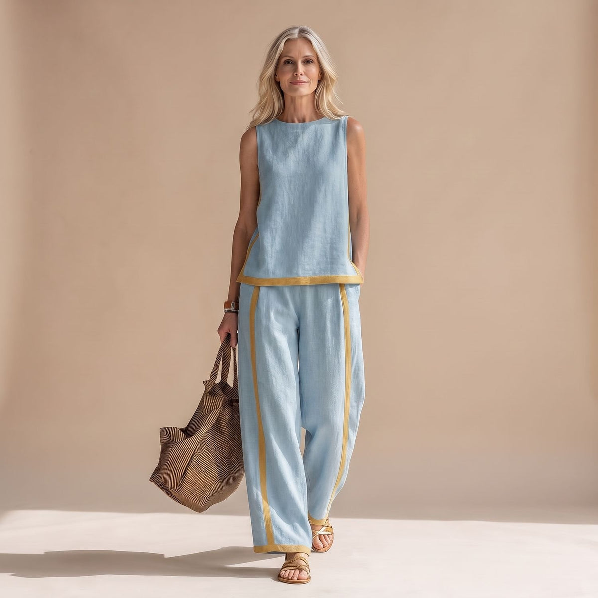 Women's Two Piece Set Sleeveless Top Wide-Leg Pants Contrast Trim - Blue