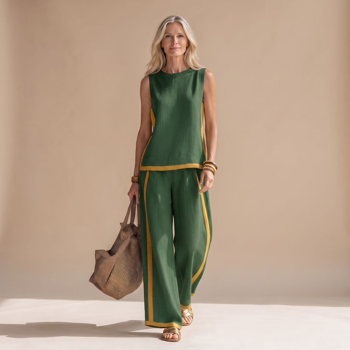 Women's Two Piece Set Sleeveless Top Wide-Leg Pants Contrast Trim - Green