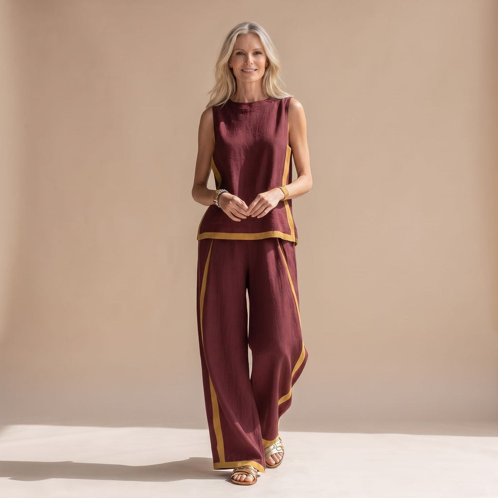 Women's Two Piece Set Sleeveless Top Wide-Leg Pants Contrast Trim - Burgundy