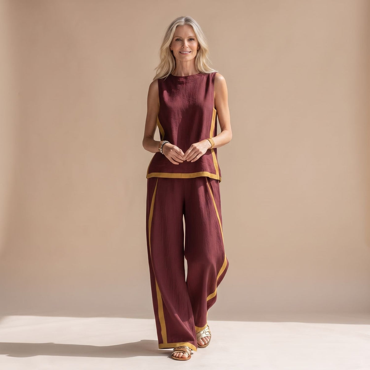 Women's Two Piece Set Sleeveless Top Wide-Leg Pants Contrast Trim - Burgundy