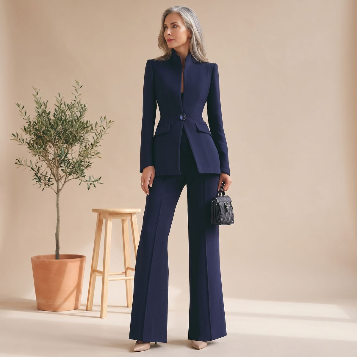 Women's Two Piece Set Stand Collar Single-Button Blazer Wide-Leg Pants - Blue