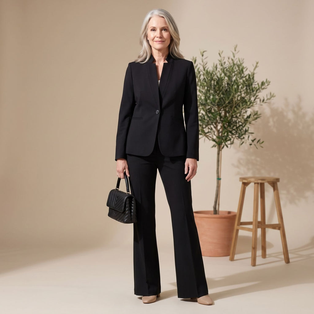 Women's Two Piece Set Stand Collar Single-Button Blazer Wide-Leg Pants - Black